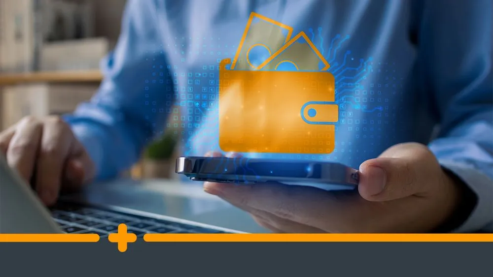 Osoba trzymająca telefon z wizualizacją cyfrowego portfela